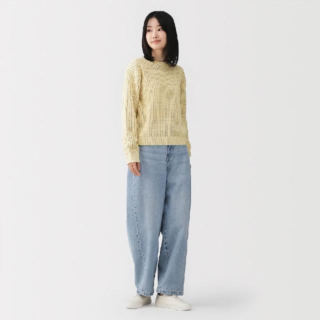 【MUJI 無印良品】女可水洗網織圓領針織衫(柔白/灰色/黑色/淺黃/淺綠/淺藍)
