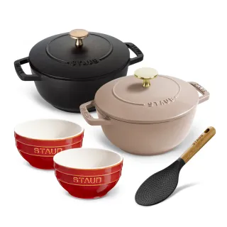 【法國Staub】迴力釘點琺瑯鑄鐵鍋和食鍋16cm+陶瓷碗12cm兩入+飯匙(德國雙人牌集團官方直營)