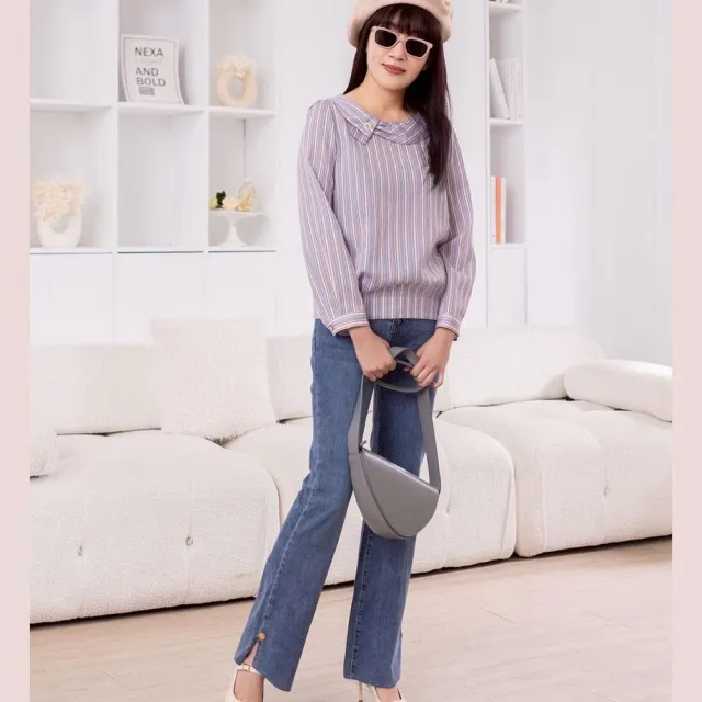 【JIN HWA 今譁】OL韓版甜美氣質優雅領片蝴蝶釦造型修身條紋上衣X6011