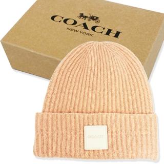 【COACH】方標 LOGO混羊毛保暖毛帽禮盒(粉/白)