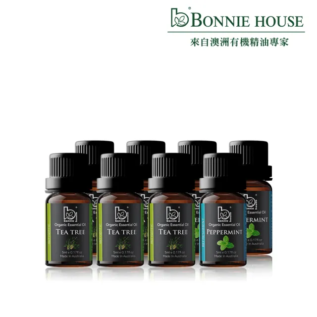 【Bonnie House 植享家】雙有機認證精油超值組(茶樹精油5ml*5+薄荷精油5ml*3)