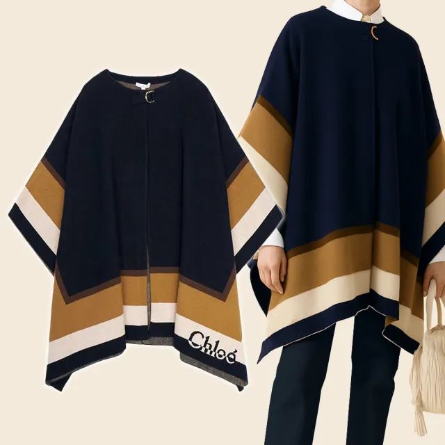 【Chloe’ 蔻依】C20315859 圓領帶扣徽標LOGO棉毛針織披肩(深藍色)