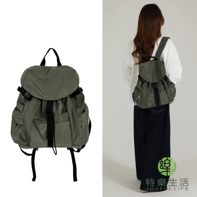 【JOYFUL LIFE 特樂生活】純色尼龍翻蓋束口後背包(手提包/單肩包/肩背包/後背包)