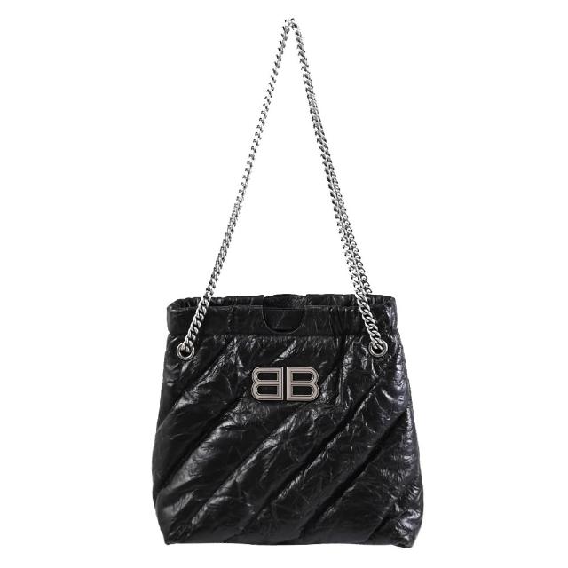 【Balenciaga 巴黎世家】CRUSH TOTE 品牌雙B LOGO揉製牛皮托特包鍊包(黑XS)