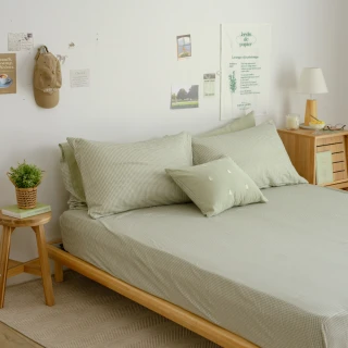 【翔仔居家】雙層紗 格紋床包+格紋枕套-3件組-Forest(雙人/雙人床包/純棉床包/床包枕套組)