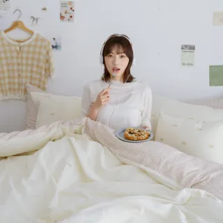 【翔仔居家】雙層紗刺繡 鋪棉被套床包組4件組-繫心(雙人/雙人床包/純棉床包/純棉被套)