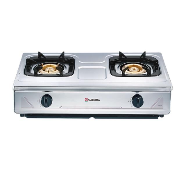 SAKURA櫻花牌 G-632K 雙口瓦斯爐,採用臺灣製造不鏽鋼爐臺與純銅爐頭,傳統外擴火焰設計,提供均勻加熱。壓轉式點火方便使用,機體尺寸700 x 380 x 190 mm,適閤家庭廚房。支援天然瓦斯(NG1)或液化瓦斯(LPG),瓦斯消耗量9~10kW,能源效率第二級,BSMI許可R51085,保固1年,標準安裝。 SAKURA櫻花牌 G-632K
