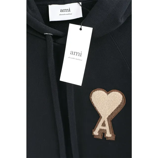 【AMI PARIS】Red Ami De Coeur 絨毛愛心A補丁 黑色抽繩連帽運動衫 大學T 男女可穿