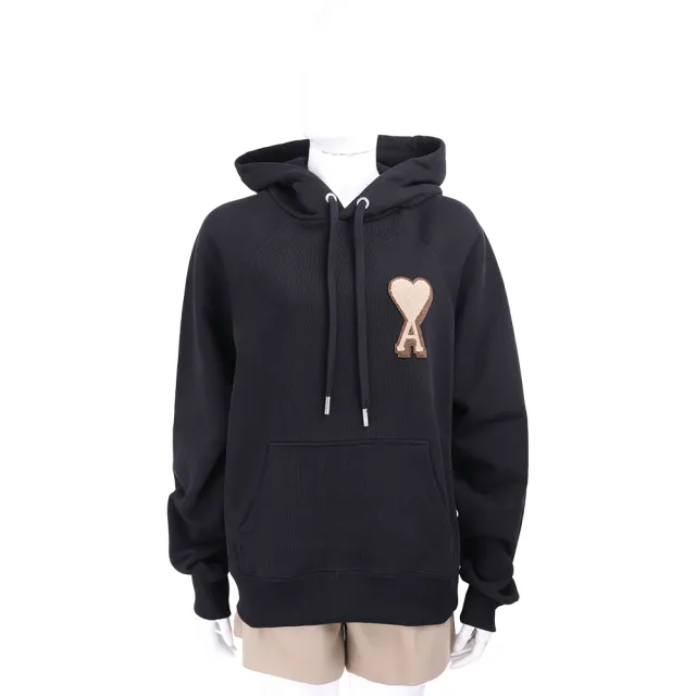 【AMI PARIS】Red Ami De Coeur 絨毛愛心A補丁 黑色抽繩連帽運動衫 大學T 男女可穿