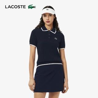 【LACOSTE】女裝-學院風修身羅紋針織短袖Polo衫(海軍藍)