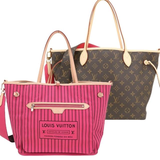 【Louis Vuitton 路易威登】M12257 Neverfull Inside Out MM 老花帆布雙面桃紅色托特包