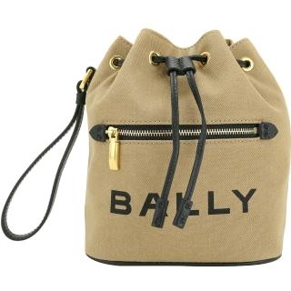 【BALLY】Bar 帆布拼牛皮抽繩手拿水桶包-棕色(水桶包 手提包)