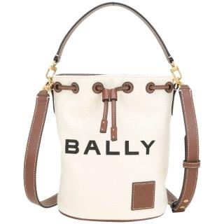 【BALLY】AKELEI 字母壓花皮標帆布束口手提 斜背水桶包-米白(瑞士精品包)