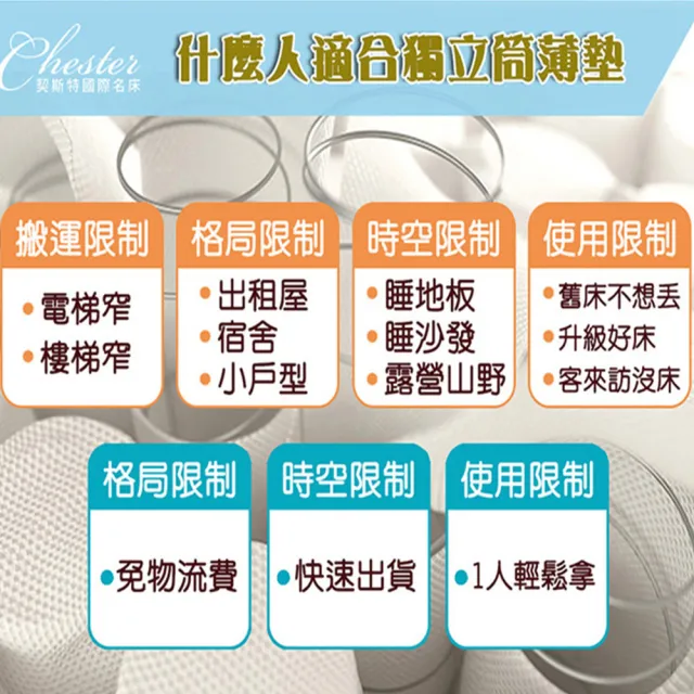 【Chester 契斯特】床墊 薄墊 薄形獨立筒  經典職人緹花布-3.5尺(單人加大)