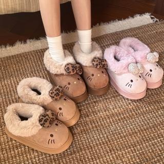 【HELLO KITTY】凱蒂貓可愛蝴蝶結卡通造型柔軟舒適毛絨防滑厚底保暖包跟包頭外穿拖鞋(三麗鷗包跟毛拖鞋)