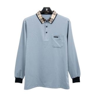 【金安德森】男裝長袖-格紋領 POLO衫 實用口袋(藍色)
