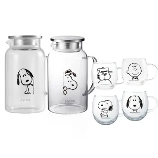 【CorelleBrands 康寧餐具】1壺2杯 SNOOPY黑白復刻耐熱玻璃壺1450ml+玻璃杯300ml(任選)