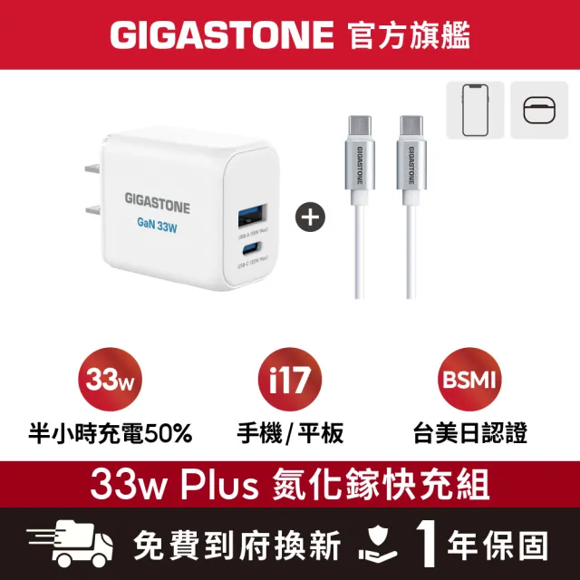 【Gigastone 立達國際】33W 兩孔GaN氮化鎵充電器+C to C 60W 傳輸充電線 (iPhone17/Android/iPad)