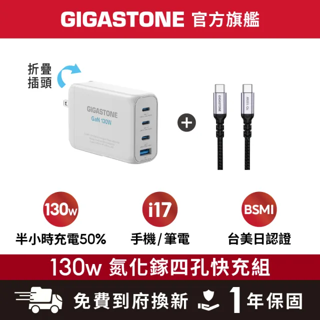 【Gigastone 立達國際】130W GaN氮化鎵四孔充電器白+TypeC 100W傳輸充電線(iPhone17/MacBook/快充充電頭)