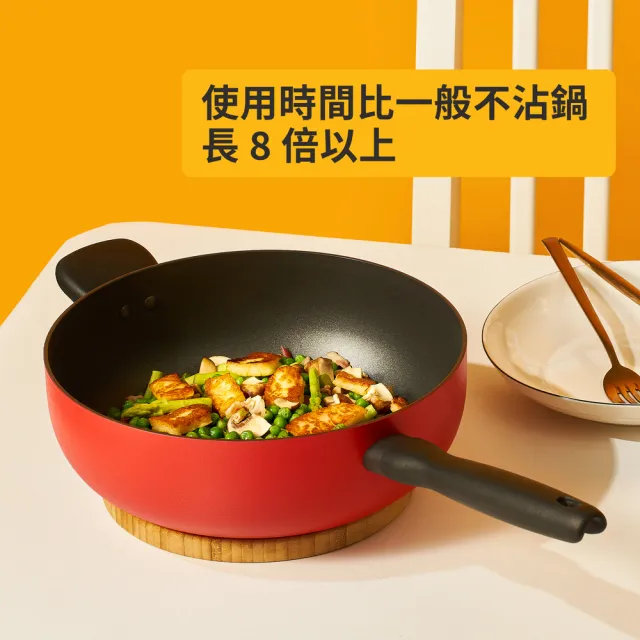 【MEYER 美亞】陶瓷不沾鍋 雙鍋組 - 革新紅系列(28cm平底鍋+26cm深炒鍋)