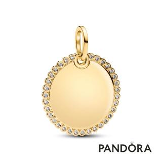 【Pandora 潘多拉】可鐫刻圓形鑲邊吊飾-飾品/情人節禮物/生日禮/鍍14k金