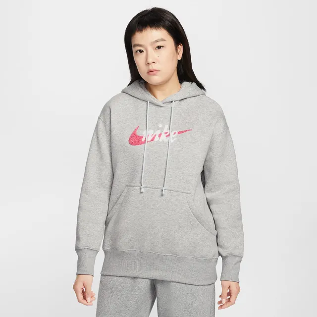 【NIKE 耐吉】長袖上衣 女 帽T 中磅 刷毛 AS W NSW PHNX FLC OS LOGO HDY 灰粉 IM9644-043