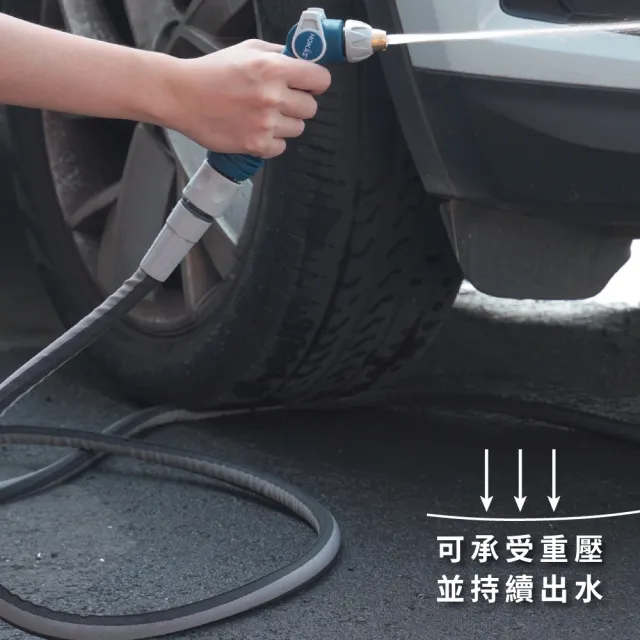 【HOKAS】15公尺專業防凹折強力水管水槍組(澆花 洗車 洗地板 含鍊條式接頭 水管收納掛勾 台灣製 S424-2)