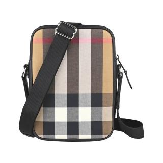 【BURBERRY 巴寶莉】BURBERRY Paddy 格紋棉織布LOGO搭牛皮拉鍊直立式斜背包(褐x灰x黑)