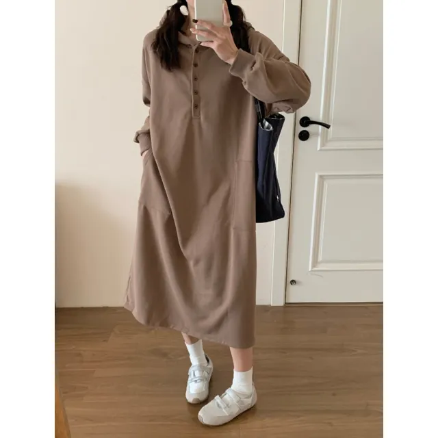 【Want-Meow】90公斤可穿/長袖前排扣大口袋連帽洋裝長洋裝長裙(大碼/大尺碼/加大碼/孕婦裝/連帽洋裝)