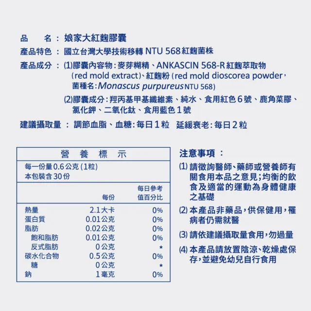 【娘家】大紅麴降膽固醇調節血糖買12送2(30粒/盒.台大潘子明名譽教授 研發)