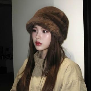 【HaNA 梨花】買一送一個髮帶 絨絨小熊冬日皮毛一體加厚漁夫帽 可兩面戴