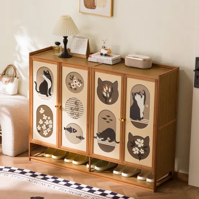 現代簡約防塵多功能鞋櫃（91×32×93cm三門7層/貓咪噴繪/大容量收納）