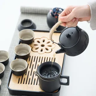 【LIFE SHOP】陶瓷側把壺旅行茶具套組/ 陶瓷提樑壺旅行茶具組 附收納包  旅行泡茶組 隨身泡茶 茶器套裝
