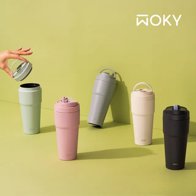 【WOKY 沃廚】2入 渾圓杯 鈦陶瓷款770ml-附彈跳跟矽膠吸管(隨行杯/吸管杯/飲料杯/保溫杯/保溫瓶)
