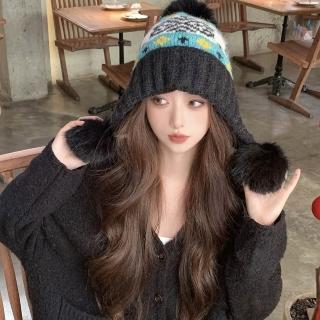 【HaNA 梨花】冬日甜甜感 北歐圖騰雙絨球暖耳護耳毛帽(毛帽 冬日穿搭 北歐 圖騰)