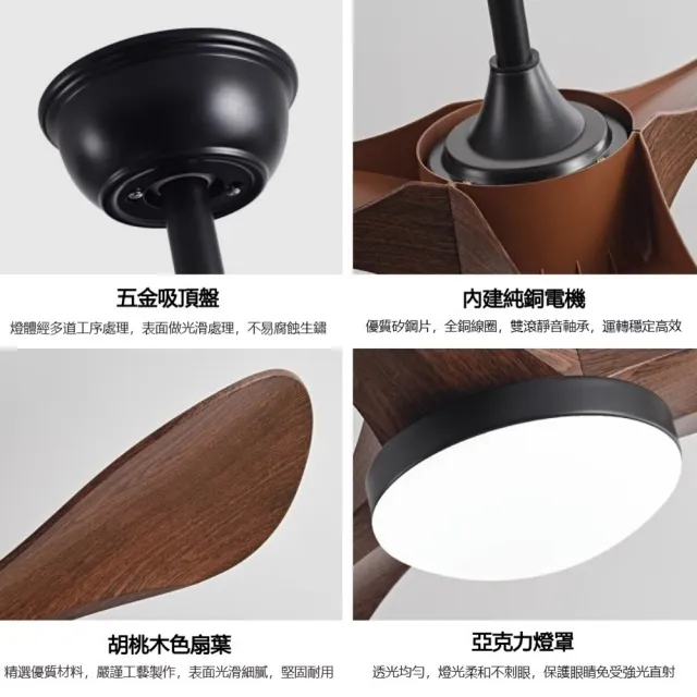 美式復古客廳吊扇燈 家用風扇燈 3色變光風扇吊燈 （ 變頻壁控/燈盤22CM-白/黑色-52寸）