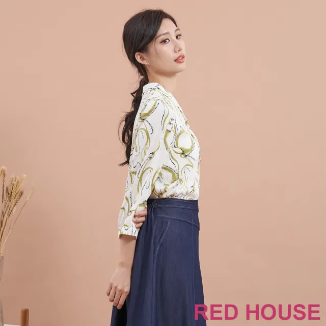 【RED HOUSE 蕾赫斯】水墨抽象領結造型印花上衣(綠色)