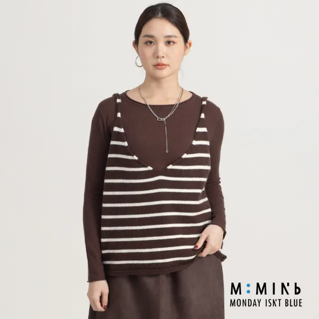 【M：MINb】真兩件船領背心上衣(深咖/中大尺碼女裝/XL女裝/女裝/肉肉女穿搭/兩件/背心/長袖)