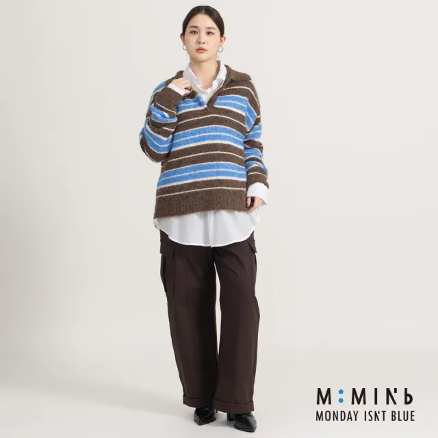 【M:MINb】撞色條紋polo領粗針織毛衣(深咖/中大尺碼女裝/XL女裝/女裝/肉肉女穿搭/長袖/針織/毛衣)