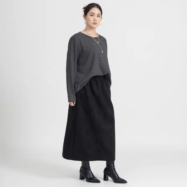 【M：MINb】麂皮背心條紋長袖T恤兩件組(黑色/中大尺碼女裝/XL女裝/女裝/肉肉女穿搭/長袖/T恤)