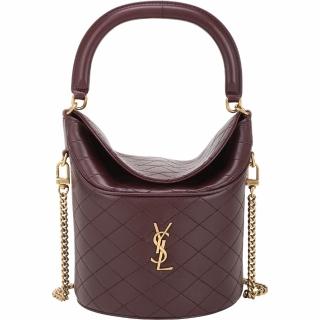 【YSL】Saint Laurent Gaby 菱格絎縫小羊皮半硬挺手提 肩斜背水桶包-酒紅