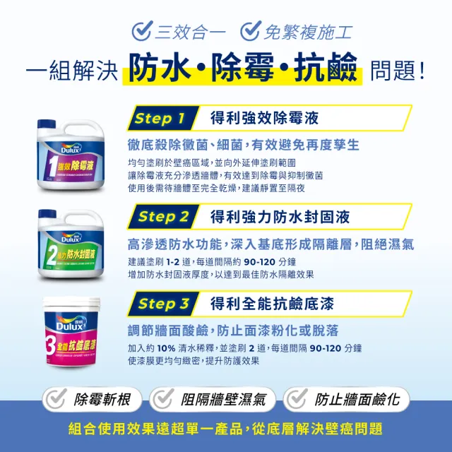 【Dulux得利官方店】抗壁癌威力包（3公升組裝）(壁癌)