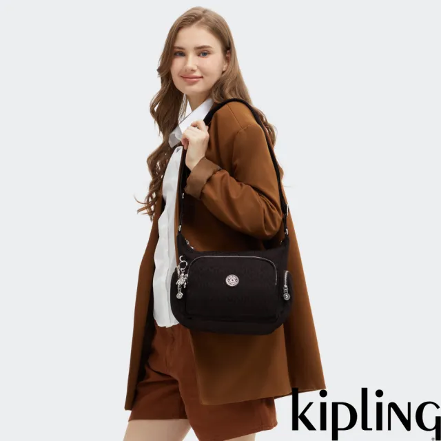 【KIPLING】『牛角包』黑色提花輕巧多袋實用側背包-GABB S