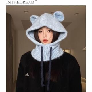 【HaNA 梨花】鬆弛感美學 針織小熊耳朵連帽脖圍毛帽
