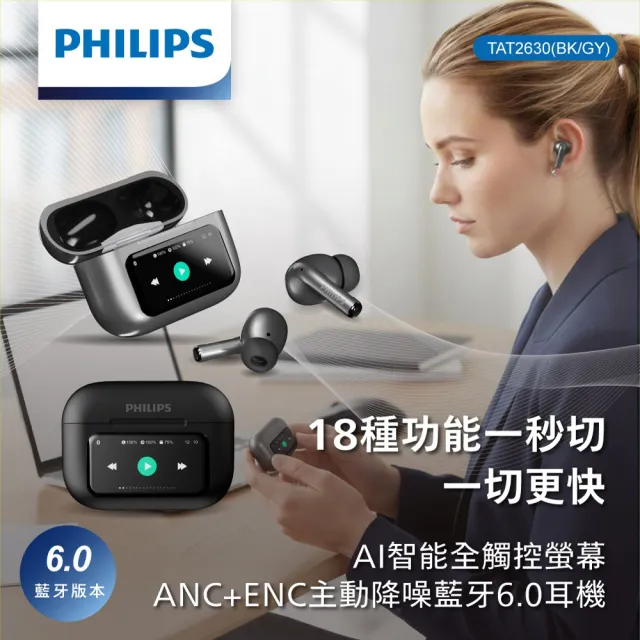 【Philips 飛利浦】AI智能全觸控螢幕ANC+ENC主動降噪藍牙6.0耳機-TAT2630