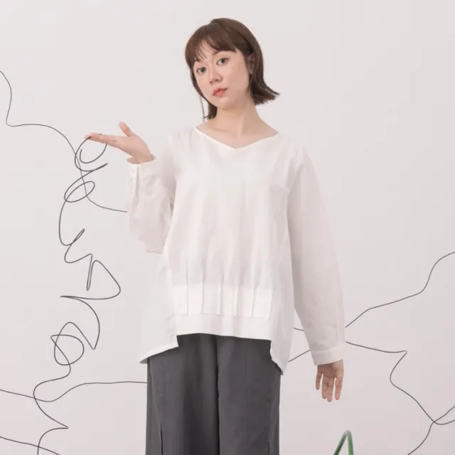 【MOSS CLUB】立體褶排列不規則衣襬長袖V領上衣(黑 白 芥黃)
