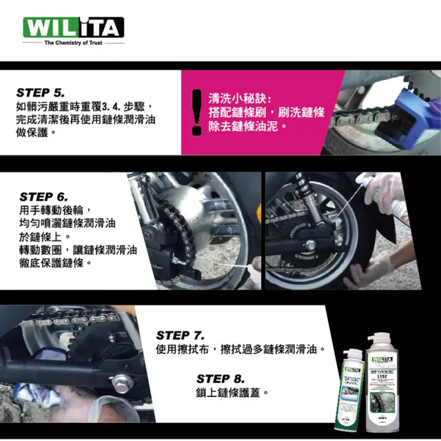 【WILITA 威力特】鏈條清潔潤滑保護全方位五件組(清潔+半濕潤滑+乾式潤滑+三向鏈條刷+纖維布)
