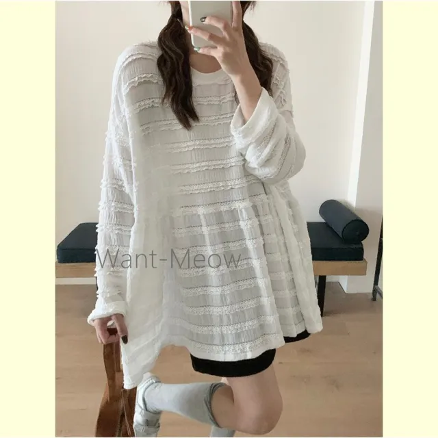 【Want-Meow】100公斤可穿/日系多層次必備壓紋蛋糕剪裁寬鬆上衣大碼/大尺碼/加大碼/長袖上衣)