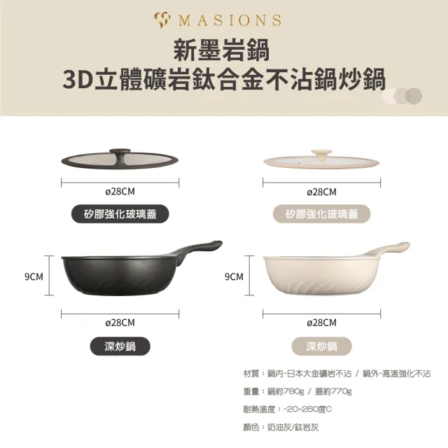 【MASIONS 美心】新墨岩鍋 3D立體礦岩鈦合金不沾鍋炒鍋(28CM 附鍋蓋+電磁爐適用)