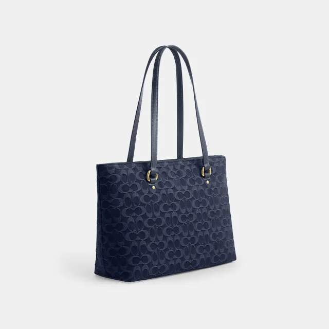 【COACH】蔻馳官方直營 STATION經典SIGNATURE丹寧布托特手袋 托特包-IM/藍色色(CDB88)
